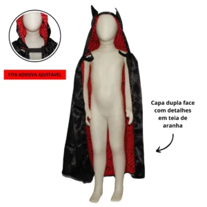 Capa Halloween Com Capuz e Chifrinhos Dupla Face Vermelha e Preta
