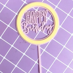 TOPO ACRÍLICO P/ BOLO HAPPY BIRTHDAY REDONDO 15 CM ROSA CLARO