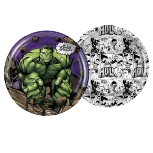 PRATO PAPEL REDONDO HULK COM 12 UNID 18 CM
