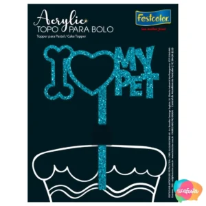 TOPPER BOLO I LOVE MY PET GLITTER ACRILICO ÚNICO AZUL CLARO