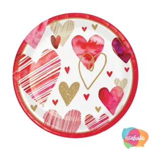 PRATO DE PAPEL GRANDE 23CM CORAÇÕES COM 8 UNID 22 CM VERMELHO