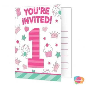 CONVITE DOODLE ROSA E VERDE 1 ANO C/8