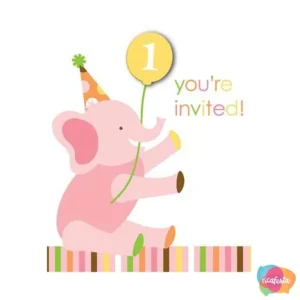 CONVITE ELEFANTE PRIMEIRO ANIVERSÁRIO E ENVELOPES COM 8 UNID ÚNICO ROSA CLARO