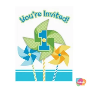 CONVITE DE ANIVERSÁRIO CATAVENTO 3D VERDE/AZUL COM 8 UNID