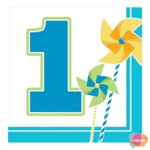 GUARDANAPO DE PAPEL 1° ANIVERSÁRIO CATAVENTO COM 16 UNID 32 CM AZUL TURQUESA