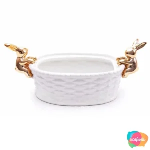 CESTA DECORATIVA CERAMICA COM COELHOS DOURADOS