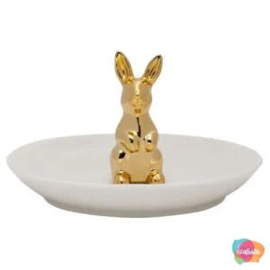MINI PRATO CERÂMICA BRANCO COM COELHO DOURADO