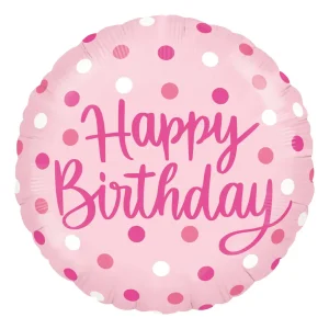 Balão Metalizado Happy Birthday Poá Rosa 18 Polegadas