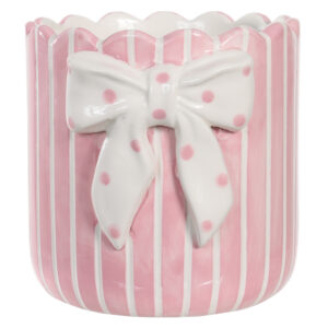 Vaso Listrado Rosa e Branco  com Laço Branco em poá