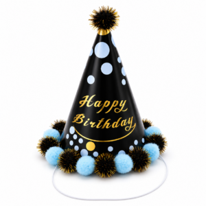 Chapéu de Aniversário Happy Birthday Azul e Preto com Pompom