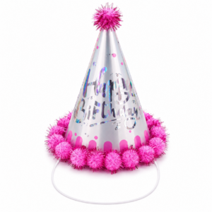 Chapéu de Aniversário Happy Birthday Rosa e Branco com Pompom
