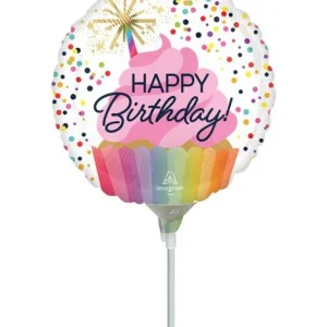 Mini Balão Metalizado Happy Birthday Cupcake na Vareta